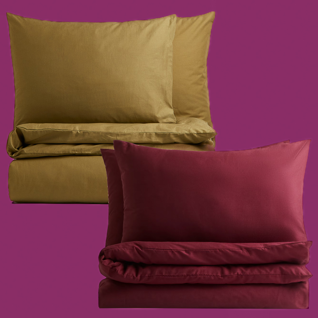linge de lit bordeaux et vert olive