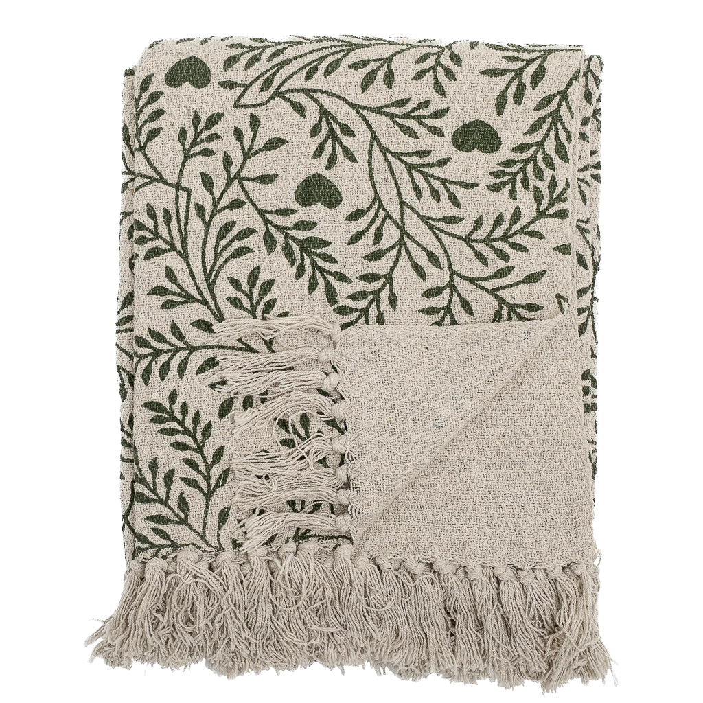 plaid en coton motif feuilles vert et blanc