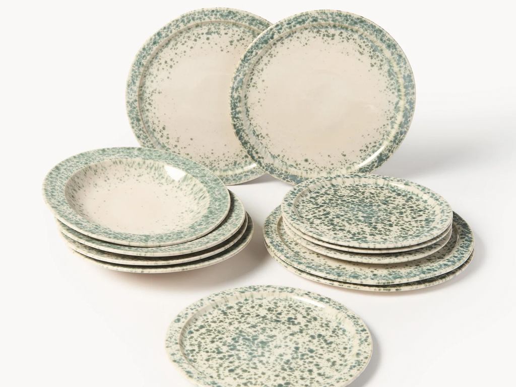 service de table en grès beige moucheté vert