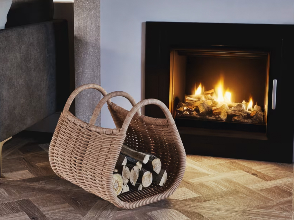 panier à bûches en osier avec anses