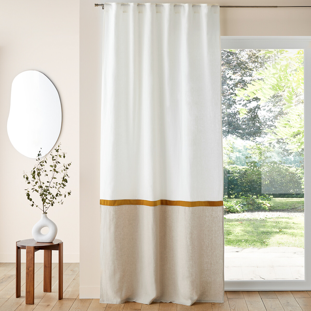 rideau bicolore blanc et beige ligne jaune