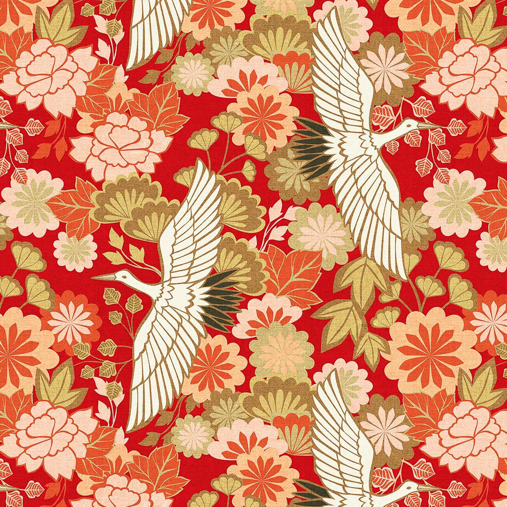 papier peint motif grue et fleurs sur fond rouge