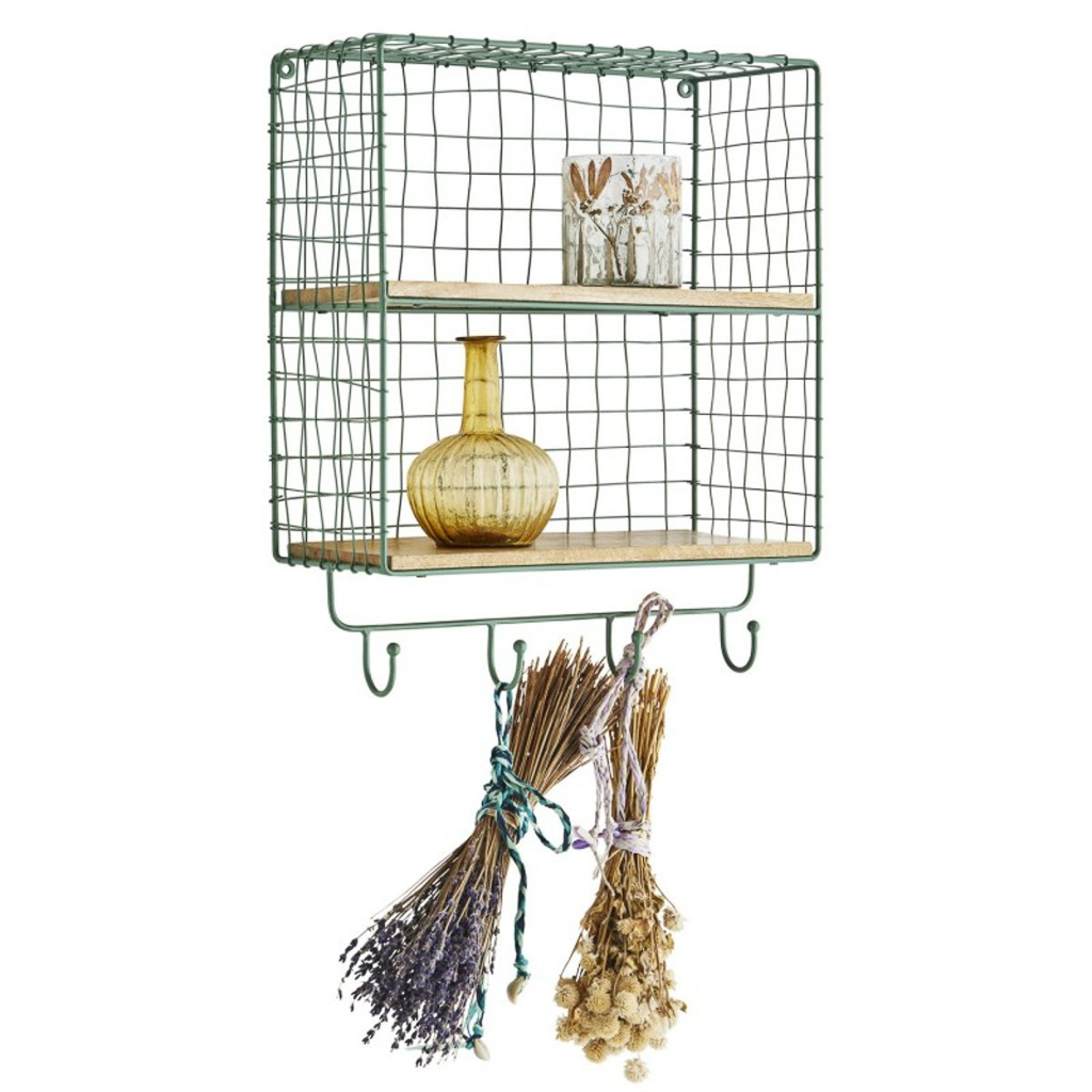 étagère murale filaire verte pour cuisine avec crochets