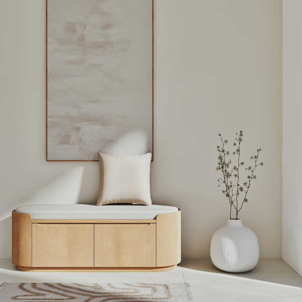 banc d'entrée design avec rangement et coussin