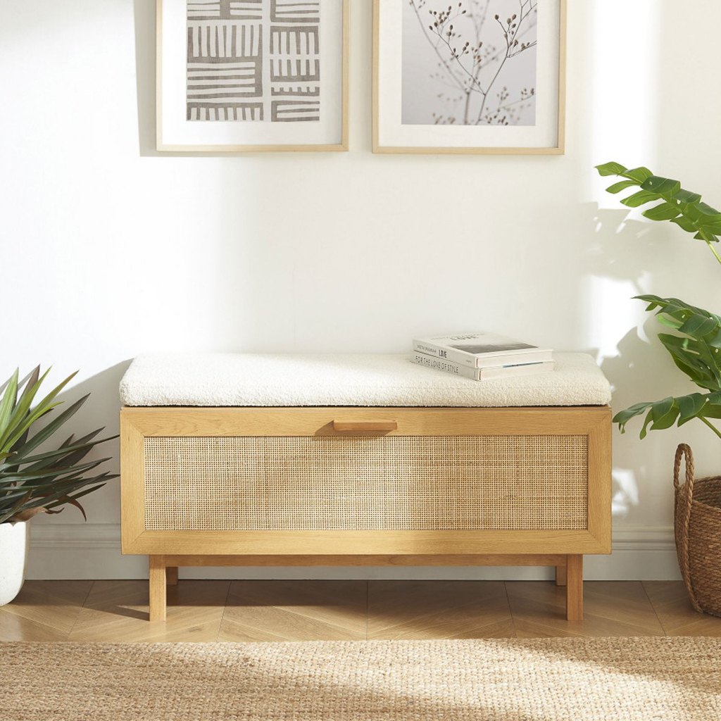 banc d'entrée meuble à chaussures en bois et cannage