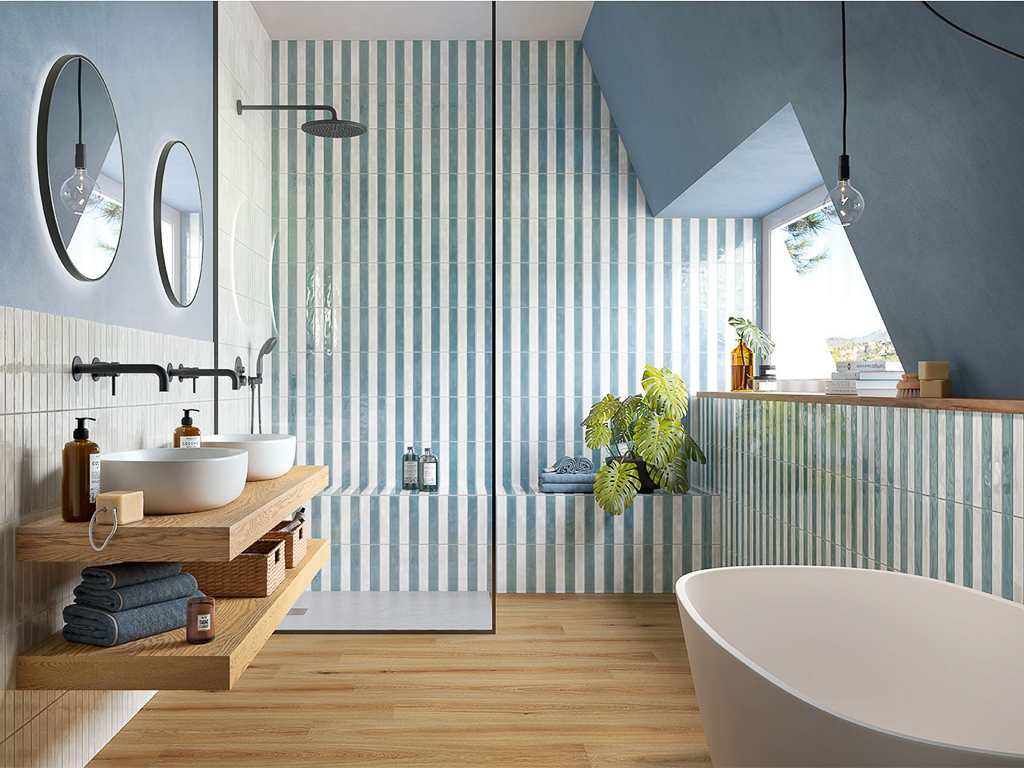 carrelage à rayures verticales salle de bain