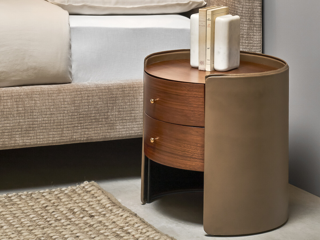 chevet forme cylindrique cuir et noyer