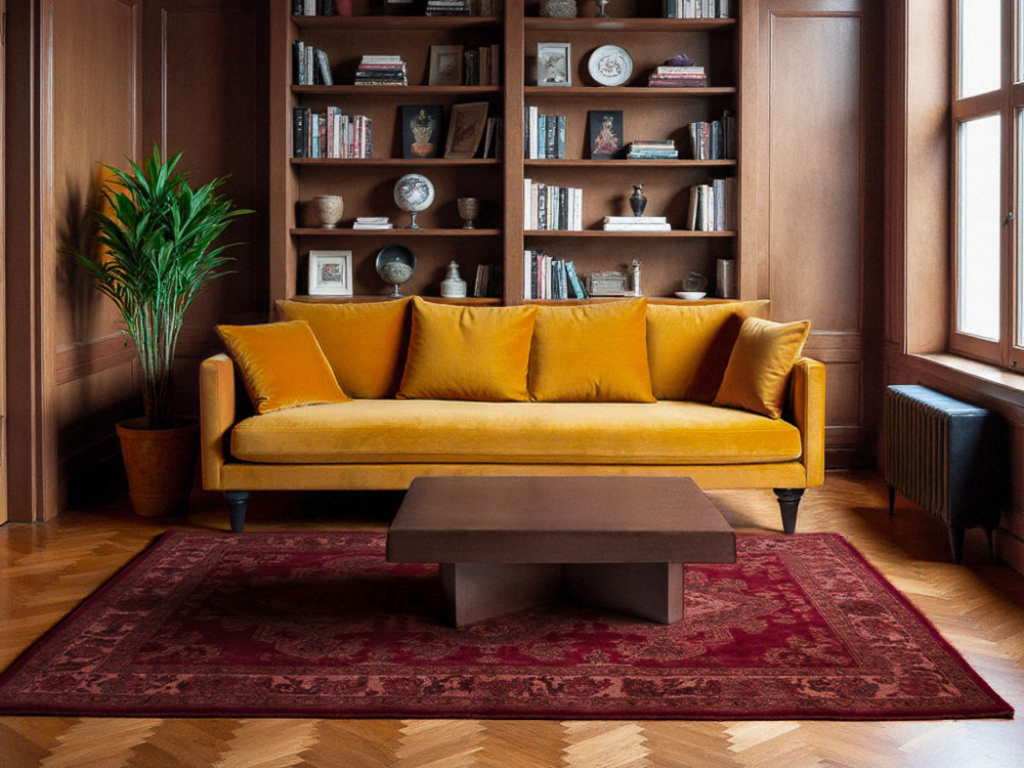 déco rouge, jaune et bois foncé